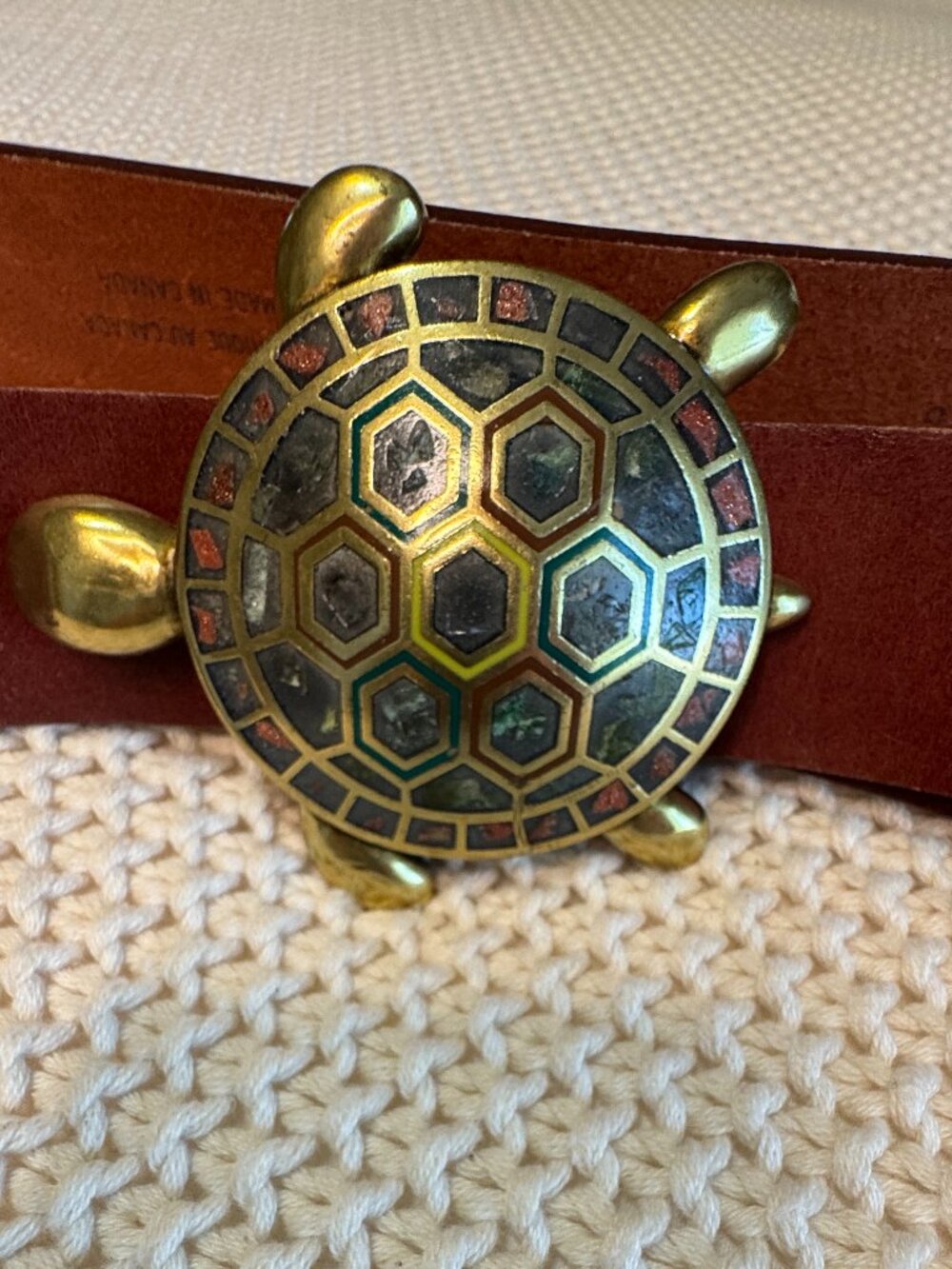 Italian Leather Belt With Brass Inlay Mosaic Turtle Buckle Adjustable Large Boho